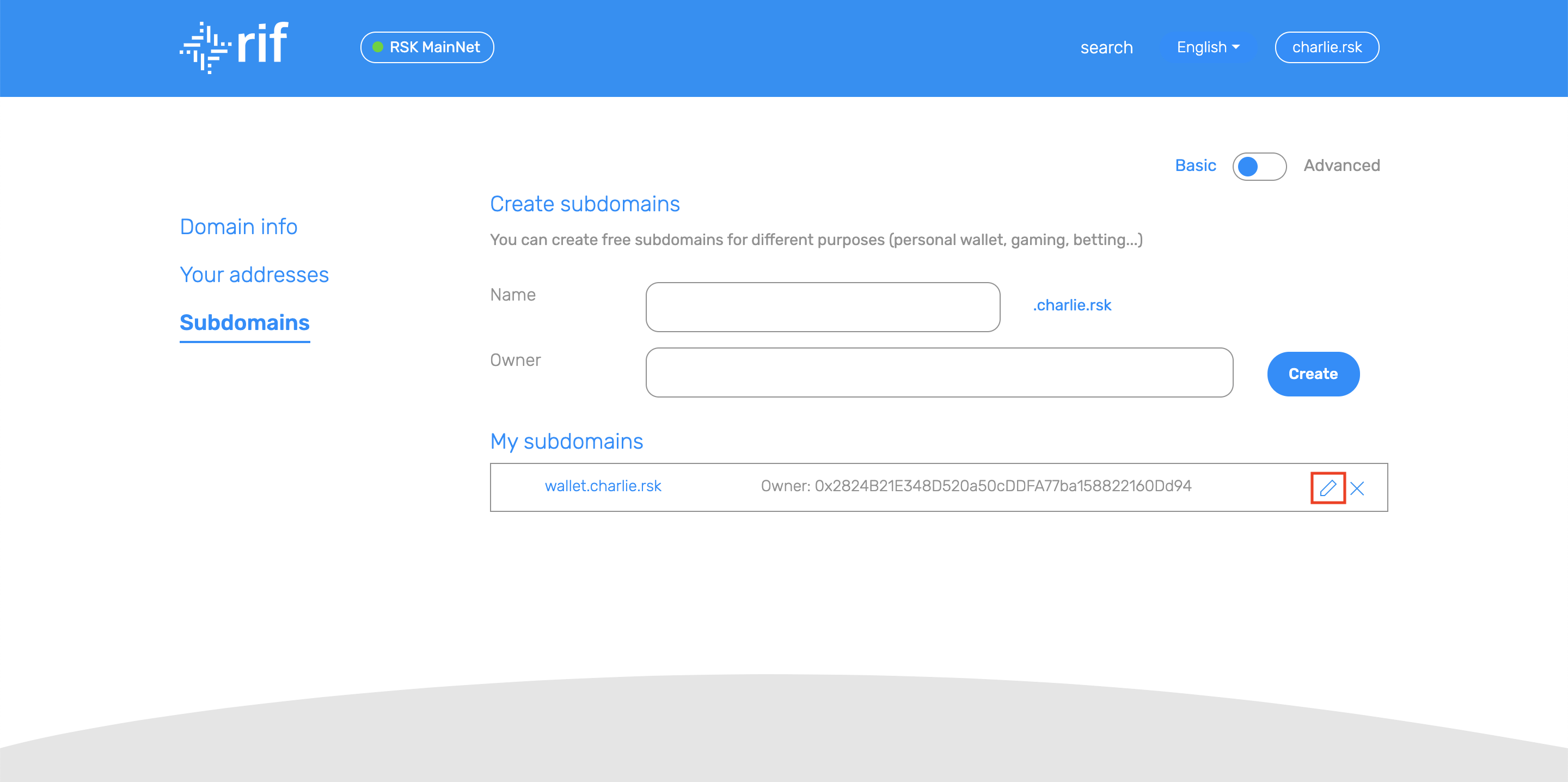 Operations - Click Delete subdomain button